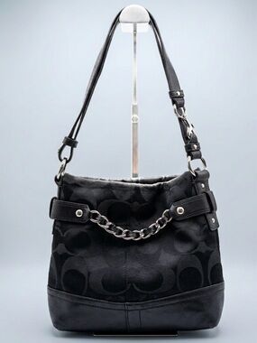 Coach Black Signature Canvas Shoulder Bag with Chain Detail